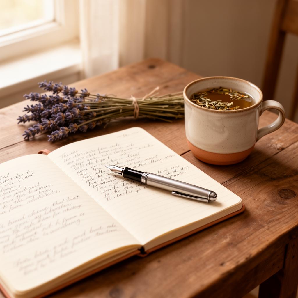 Spokojne wnętrze gabinetu — notatnik, kubek herbaty, lawenda